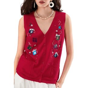 KMBANGI Women Christmas Button Sweater Vest Embroidery Santa Print Sleeveless Cardigan Knit V Neck Vest Top Xmas Clothes