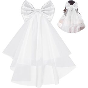 Bow Veils For Women Wedding Pearl White Tulle Short Wedding Veil Bachelorette Party Hair Accessories For Bride Bridesmaid Women And Girls