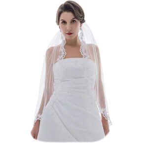 SAMKY 1T Embroidered Beaded Lace Bridal Wedding Veil with Comb Fingertip Length for Bride