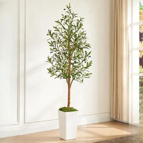 5FT Artificial Olive Tree with Black Tapered Planter - Natural Wood Trunk & Silk Leaves, Indoor Potted Plant for Home Office Decor, Green Moss Base, Non-Fading Low Maintenance Faux Tree