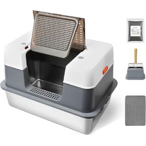 Stainless Steel Cat Litter Box with Lid,Metal Litter Box for Big Cats,Extra Large Enclosed Metal Litter Box,Metal Litter Pan Tray with High Wall Sides,Anti-Leakage, Include Litter Scoop,Litter Mat