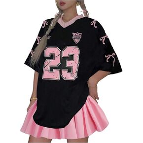 MakeMeChic Girl's 2 Piece Y2k Outfits Number Print Bow V Neck Jersey Top and Ruffle Flare Skirt Set
