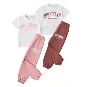Girls 2 or 4 Piece Pants Sets Graphic Print Short Sleeve Top and Jogger Sweatpants Outfits for Kids Casual, Dance