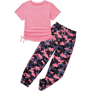ESHOO Teen Girls 2 Piece Outfits Kids Girls Ruched Drawstring Ribbed Knit Short Sleeve T Shirt Camouflage Pants Clothing Set