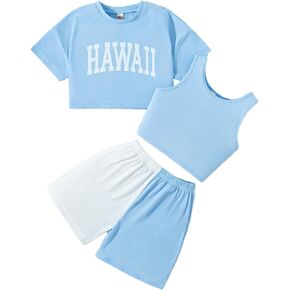 Girl's 3 Pieces Summer Outfits Letter Print Crop Tee Top and Vest Top with Shorts Set
