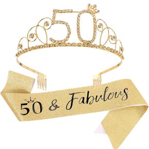 Aoprie 50th & Fabulous Sash 50th Tiara & Crowns for Women Girls Rhinestone Happy Birthday Birthday Excalies Efforce Supllies Gold ، 2 pack