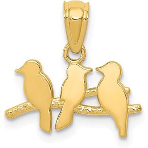 Solid 14k Yellow Gold Three Birds on a Branch Pendant Charm - 14mm x 15mm