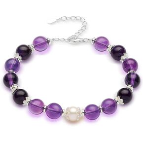 Certified Natural (Not Synthetic/Glass) Amethyst Bracelet in Sterling Silver, 8mm Freshwater Pearl & Healing Crystal Gemstones - Adjustable Beaded Chain Jewelry for Women (Length 8'')