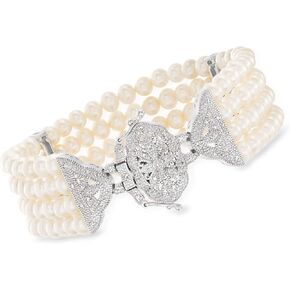 Ross-Simons 4.5-5mm مثقف اللؤلؤ و .15 ct. T.W. سوار الماس متعددة الخيط في الفضة الاسترليني. 7 بوصات