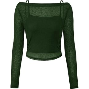 Prettygarden للنساء الطويل الأكمام القمامة محصول القوارب الرقبة القارب انظر من خلال التستر مع حزام السباغيتي كاميسول 2 قطعة بلوزات