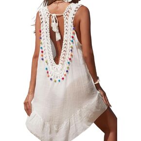 Womens Chiffon Bathing Suit Cover Up Dress, Boho Crochet Tassel Swimsuit Coverup，Sheer Dresses Beach Vacation Outfits