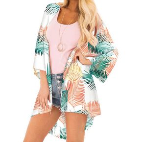 Barlver Women Floral Leaf Kimono Summer Cardigan Sheer Loose Half Sleeve Beach Shawl Chiffon Cover Up Casual Blouse Tops