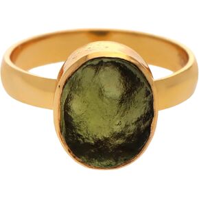 Natural Moldavite Rough Gemstone Ring, 14k Gold Vermeil Promise Ring, Simple Moldavite Stone Ring From Czech Republic Gift For Her, Green/gold