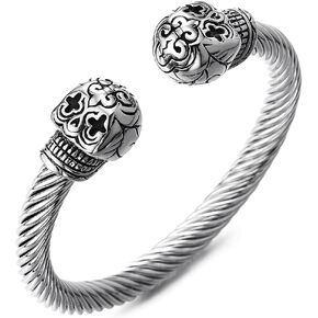 COOLSTEELANDBEYOND Mens Womens Cuff Bangle Bracelet, Steel, Vintage Sugar Skull with Cross, Fleur De Lis