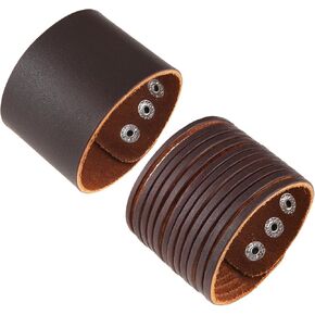 HZMAN 2Pcs Genuine Leather Bracelets for Men Punk Wide Cuff Bracelet Adjustable Brown Leather Wristband Bracelet Jewelry Gift