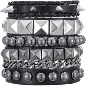 4 Pcs Leather Punk Rock Studded Bracelets for Men Women, Retro Gothic Spike Cuff Bracelet, Adjustable 80s Grunge Bracelet Set Emo Accessories for Rocker Outfits Jewelry