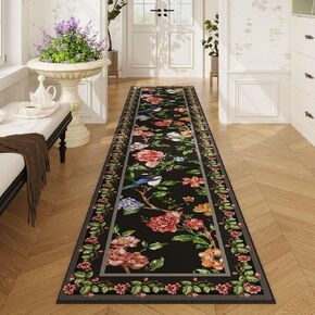 Runners for Kitchen Runner Rug 2'x10' Long Washable Rugs with Rubber Backing Non Slip Soft Floral Bird Magpies Animal Carpet Runner for Kitchen, Laundry, Bedroom, Bathroom (Black)