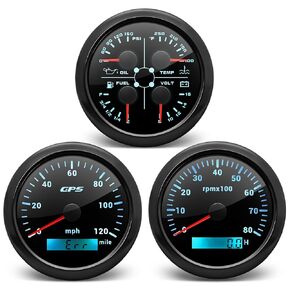 Artilaura Boat Auto 3 Gauge Set- عداد السرعة GPS ، مقياس سرعة الدوران ، 4in1 مستوى الوقود/درجة حرارة الماء/ضغط الزيت/الفولتميتر ، 85 ملم 7 مجموعة مقاييس بحرية (أسود)