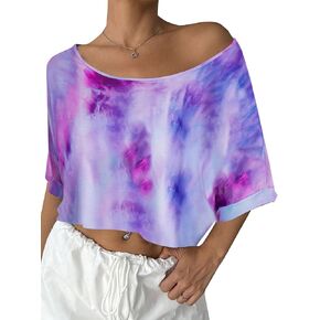 Remidoo Womens Off The Shoulder Short Sleeve Crop Top Asymmetrical Neck Loose Tshirt