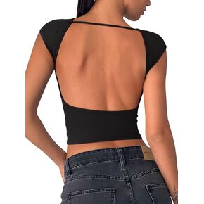 REORIA Women's Sexy Backless Going Out Crop Tops Double Lined T Shirts Open Back Y2k Trendy Crop Tops
