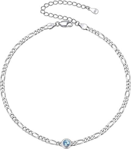 Chicsilver 925 Sterling Silver Heart/Roundstone Figaro Chain anklet for Women Simple Summer Summer Beach Bracelet (مع صندوق هدايا) in Kuwait