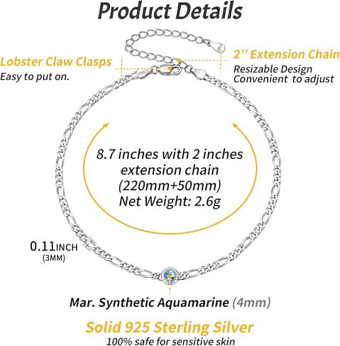 Chicsilver 925 Sterling Silver Heart/Roundstone Figaro Chain anklet for Women Simple Summer Summer Beach Bracelet (مع صندوق هدايا) in Kuwait