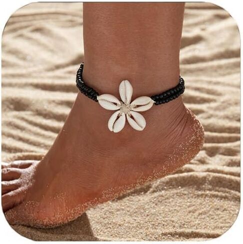 Shell Beaded Ankle Bracelet for Women, Double Layered Hollow Heart Sea Shell & Starfish Anklet Boho Turquoise Elastic Anklet Bracelet Summer Beach Foot Jewelry in Saudi Arabia