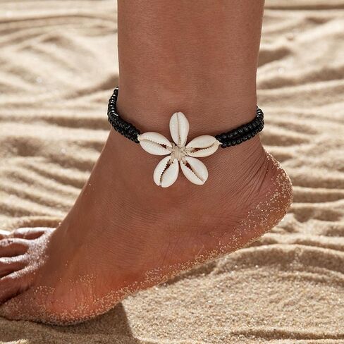 Shell Beaded Ankle Bracelet for Women, Double Layered Hollow Heart Sea Shell & Starfish Anklet Boho Turquoise Elastic Anklet Bracelet Summer Beach Foot Jewelry in Saudi Arabia