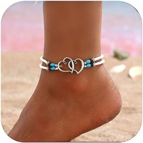 Shell Beaded Ankle Bracelet for Women, Double Layered Hollow Heart Sea Shell & Starfish Anklet Boho Turquoise Elastic Anklet Bracelet Summer Beach Foot Jewelry in Saudi Arabia