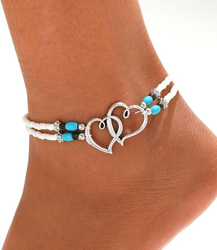 Shell Beaded Ankle Bracelet for Women, Double Layered Hollow Heart Sea Shell & Starfish Anklet Boho Turquoise Elastic Anklet Bracelet Summer Beach Foot Jewelry in Saudi Arabia