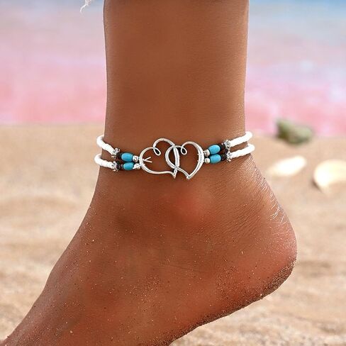 Shell Beaded Ankle Bracelet for Women, Double Layered Hollow Heart Sea Shell & Starfish Anklet Boho Turquoise Elastic Anklet Bracelet Summer Beach Foot Jewelry in Saudi Arabia