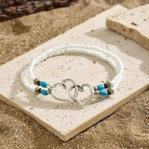 Shell Beaded Ankle Bracelet for Women, Double Layered Hollow Heart Sea Shell & Starfish Anklet Boho Turquoise Elastic Anklet Bracelet Summer Beach Foot Jewelry in Saudi Arabia