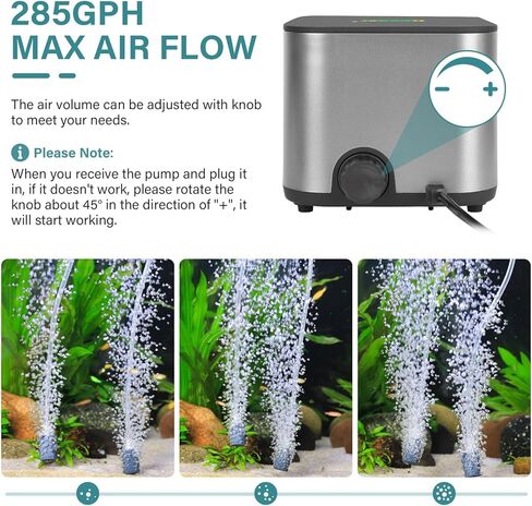 hygger Aquarium Air Pump Ultra Quiet Adjustable Fish Tank Air Pump Powerful Oxygen Aerator Pump For Fish With Dual Outlets Air Stone Bubbler Full Accessories For Up to 600 Gallon Fish Tank(10W 285GPH) in Kuwait