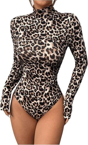 Milumia Women's Leopard Print Mock Neck Long Sleeve Slim Fit Bodysuit Jumpsuit in Saudi Arabia