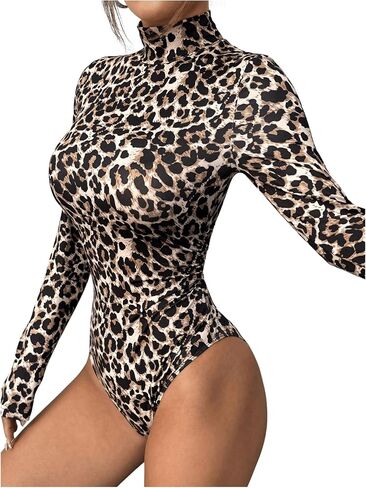 Milumia Women's Leopard Print Mock Neck Long Sleeve Slim Fit Bodysuit Jumpsuit in Saudi Arabia