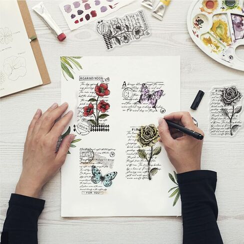 GLOBLELAND أرقام خمر خلفية شفافة واضحة طوابع زهرة كلمة النقش ختم أوراق سيليكون واضح طوابع ختم DIY بها بنفسك سكرابوكينغ وبطاقة صنع ورقة كرافت ديكور in Kuwait