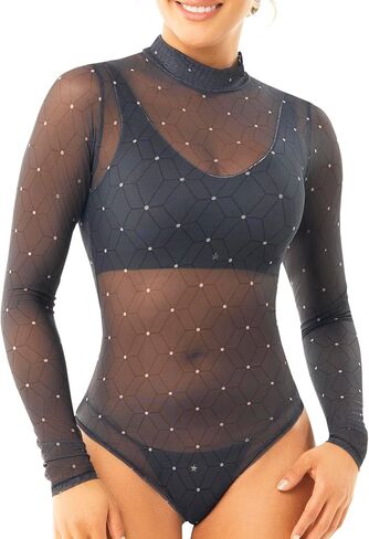 Ladyslim Women الشبكية الشبكية الشبكية طويلة الأكمام الطويلة الرقبة العليا العلوي بلوزة أنيقة للطبقة ، ملابس غير رسمية من قطعة واحدة in Kuwait