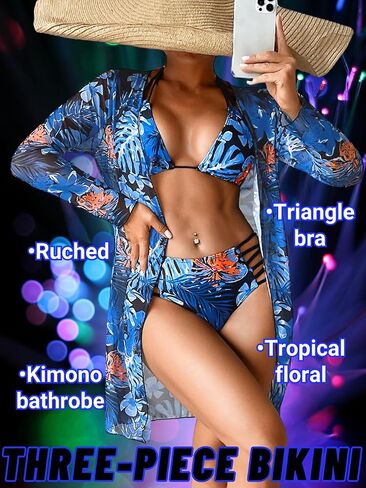 Women's 3 Piece Tropical Bikini Set with Mesh Coverup, Sexy Crisscross Cutout Swimsuits for Pool Party in Saudi Arabia