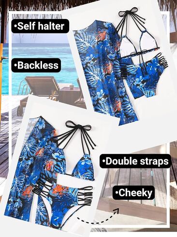 Women's 3 Piece Tropical Bikini Set with Mesh Coverup, Sexy Crisscross Cutout Swimsuits for Pool Party in Saudi Arabia