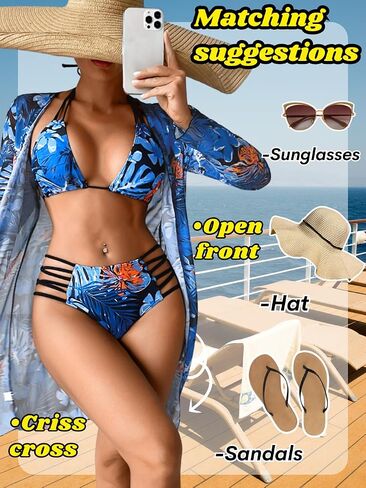 Women's 3 Piece Tropical Bikini Set with Mesh Coverup, Sexy Crisscross Cutout Swimsuits for Pool Party in Saudi Arabia