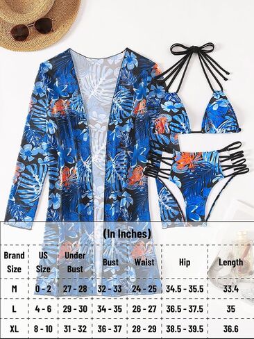 Women's 3 Piece Tropical Bikini Set with Mesh Coverup, Sexy Crisscross Cutout Swimsuits for Pool Party in Saudi Arabia