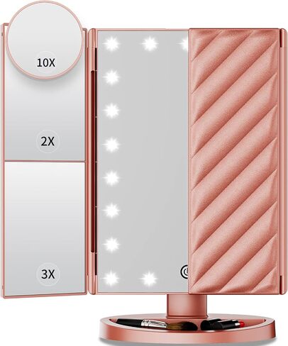Vanity Mirror with Lights, Lighted Makeup Mirror with 2X 3X 10X Magnification, 21 LED Trifold Compact Touch Dimming Light Up Mirror, Dual Power Supply, Gifts for Women (White) in Saudi Arabia
