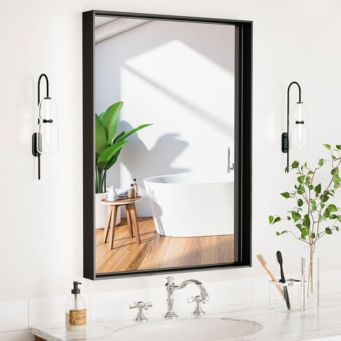 مرآة جدار الغرور الأسود ، 22 × 30 بوصة مرايا الحمام مستطيلة للوعة ، إطار المعادن المصنوعة من الألومنيوم ، والزجاج المقسى ، ومضاد للوقوف ، ومرآة المزرعة على الحائط (أفقي/عمودي) in Kuwait