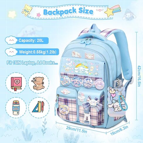 16.5IN Backpack for Girls with 24Pcs Kawaii Accessories, Anime Anti-Theft Schoolbag for Students Aged Between 4-8 Years Old, New Semester Presents with Pins and Card Holder in Kuwait
