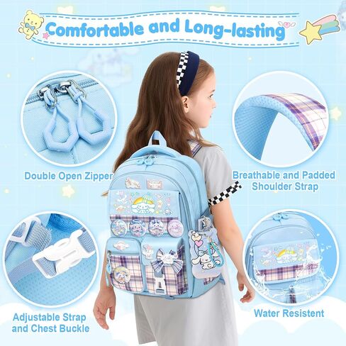 16.5IN Backpack for Girls with 24Pcs Kawaii Accessories, Anime Anti-Theft Schoolbag for Students Aged Between 4-8 Years Old, New Semester Presents with Pins and Card Holder in Kuwait