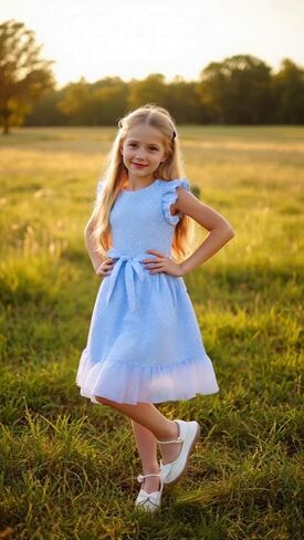 Girl Summer Dress Polka Dot Casual A-line Flutter Ruffle Sleeve Double Layer Flowy Dress 5-13 Years in Saudi Arabia