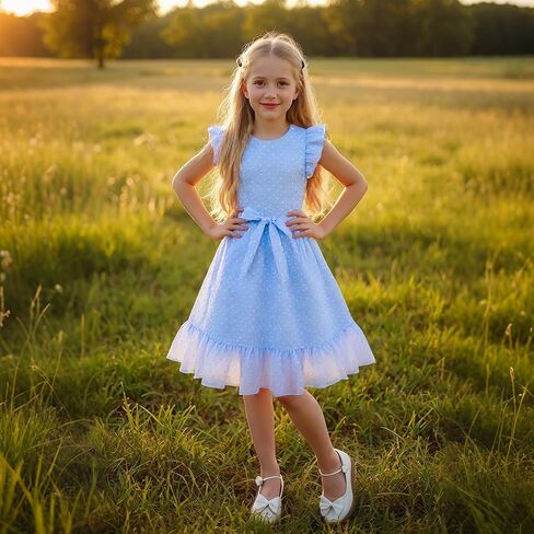 Girl Summer Dress Polka Dot Casual A-line Flutter Ruffle Sleeve Double Layer Flowy Dress 5-13 Years in Saudi Arabia