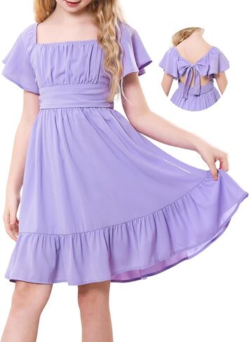 Durio Girls Summer Short Sleeve Dress Tie Back Off Shoulder Dresses for Teens Ruffle Tween Girls Dresses Size 6-16 Years in Saudi Arabia