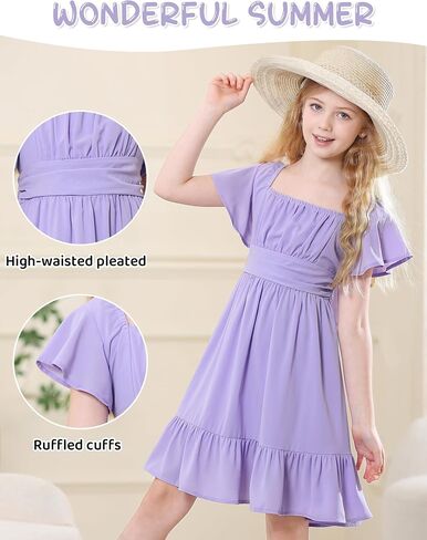 Durio Girls Summer Short Sleeve Dress Tie Back Off Shoulder Dresses for Teens Ruffle Tween Girls Dresses Size 6-16 Years in Saudi Arabia