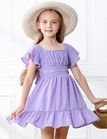 Durio Girls Summer Short Sleeve Dress Tie Back Off Shoulder Dresses for Teens Ruffle Tween Girls Dresses Size 6-16 Years in Saudi Arabia